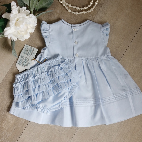 Girls Dress Blue Smocked Ruffled Diaper Cover Size 3 Months Feltman Brothers NWT - Picture 2 of 6